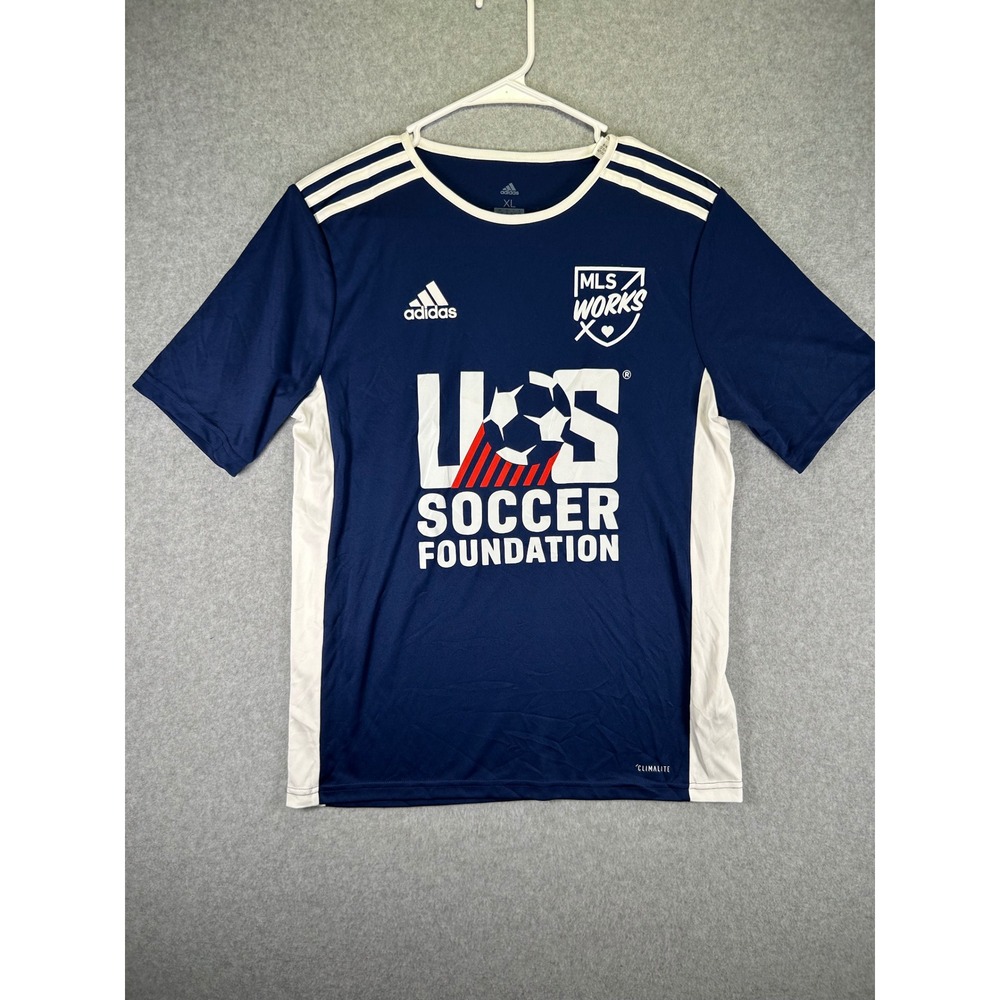 Adidas Kids XL US Soccer Foundation MLS Works Climalite Jersey Navy Blue White